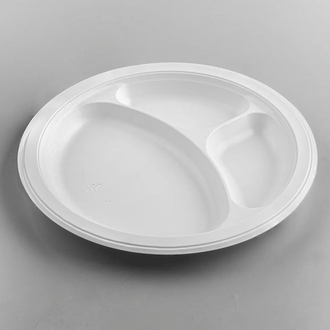 10.25" Mineral Filled PP Round Plates 3 Compartment, White - 500 pcs
