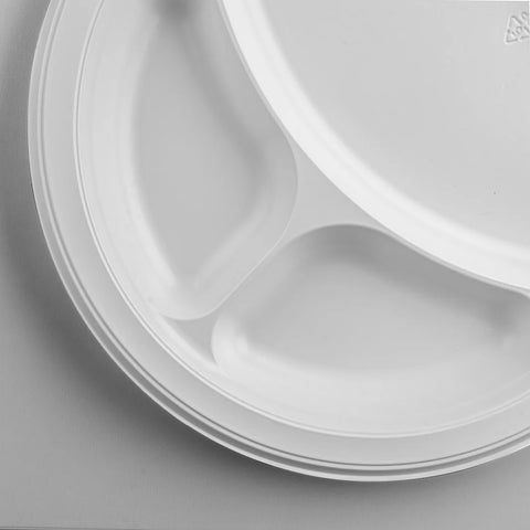 10.25" Mineral Filled PP Round Plates 3 Compartment, White - 500 pcs