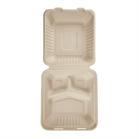 3-Compartment 8″×8″ Molded Fiber Hinged Containers – Natural – 200 pcs
