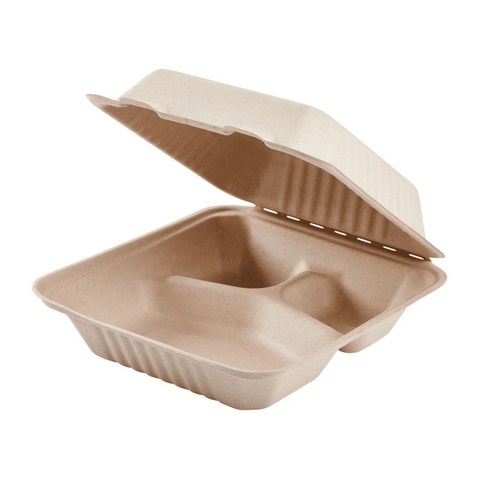 3-Compartment 8″×8″ Molded Fiber Hinged Containers – Natural – 200 pcs