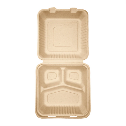 3-Compartment 9″×9″ Molded Fiber Hinged Containers – Natural – 200 pcs
