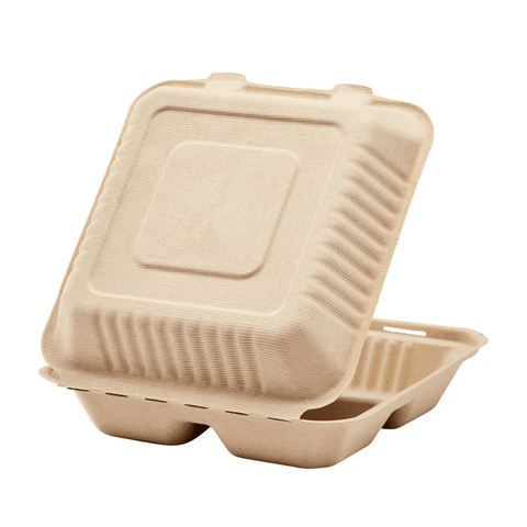 3-Compartment 9″×9″ Molded Fiber Hinged Containers – Natural – 200 pcs