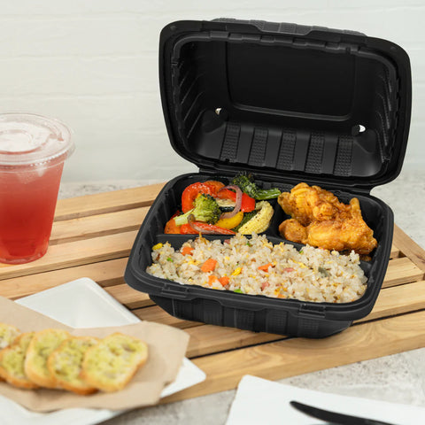 8" x 8" Mineral Filled PP Hinged Container, Black, 3 compartment - 200 pcs