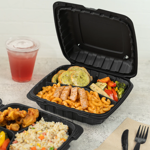 9" x 9" Mineral Filled PP Hinged Container, Black, 3 compartment - 120 pcs