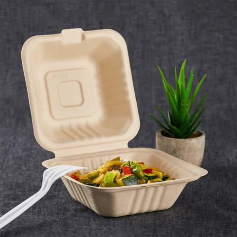 6''x6'' PFAS Free Compostable Bagasse Hinged Containers, Natural - 500 pcs