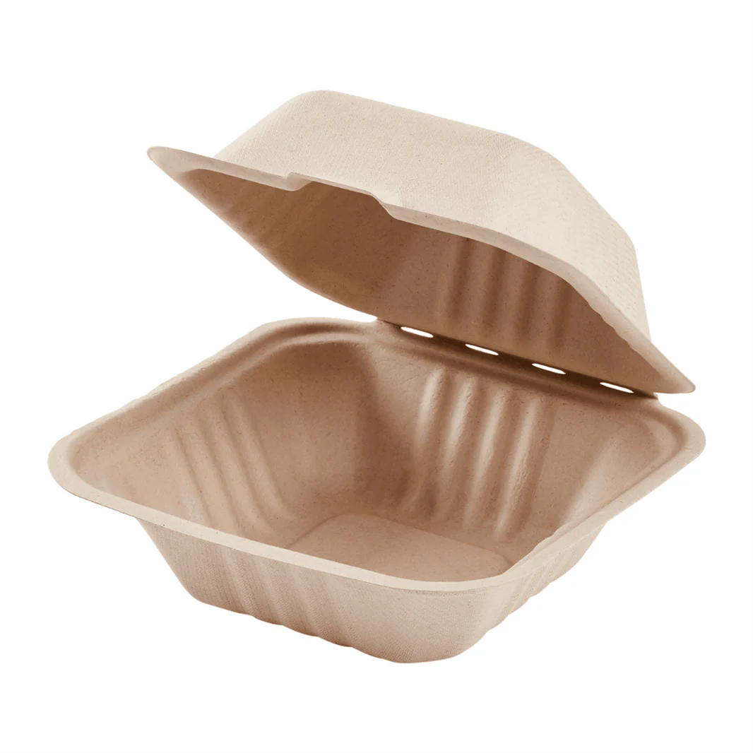 6''x6'' PFAS Free Compostable Bagasse Hinged Containers, Natural - 500 pcs