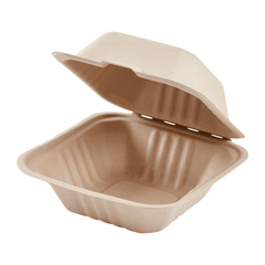6''x6'' PFAS Free Compostable Bagasse Hinged Containers, Natural - 500 pcs