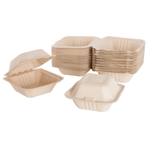 6''x6'' PFAS Free Compostable Bagasse Hinged Containers, Natural - 500 pcs