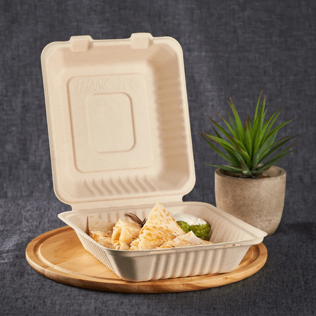 8''x8'' PFAS Free Compostable Bagasse Hinged Containers, Natural - 500 pcs