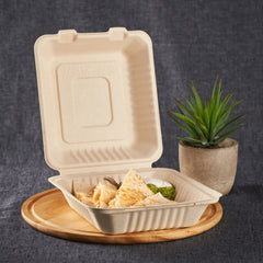 8''x8'' PFAS Free Compostable Bagasse Hinged Containers, Natural - 500 pcs