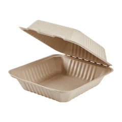 8''x8'' PFAS Free Compostable Bagasse Hinged Containers, Natural - 500 pcs