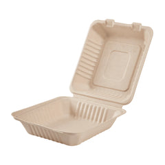 8''x8'' PFAS Free Compostable Bagasse Hinged Containers, Natural - 500 pcs
