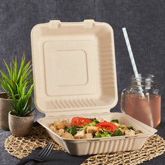 9''x9'' PFAS Free Compostable Bagasse Hinged Containers, Natural - 500 pcs