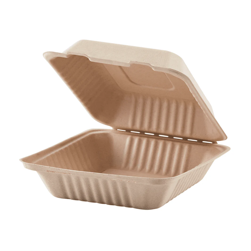 9''x9'' PFAS Free Compostable Bagasse Hinged Containers, Natural - 500 pcs
