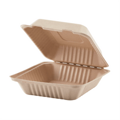 9''x9'' PFAS Free Compostable Bagasse Hinged Containers, Natural - 500 pcs