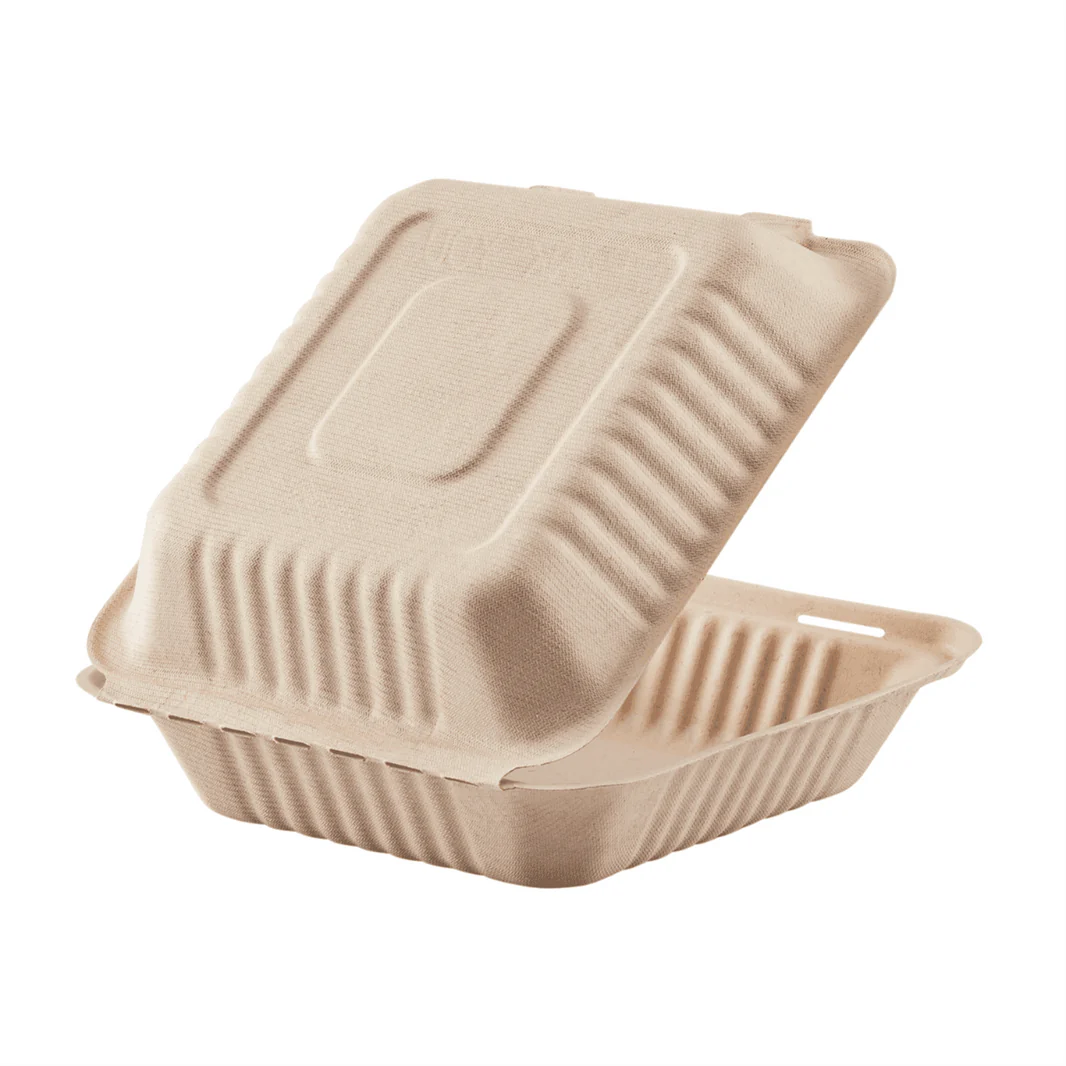 9''x9'' PFAS Free Compostable Bagasse Hinged Containers, Natural - 500 pcs