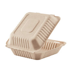 9''x9'' PFAS Free Compostable Bagasse Hinged Containers, Natural - 500 pcs