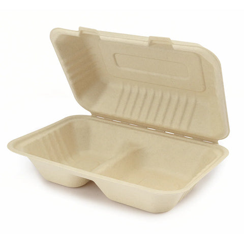 2-Compartment 9″×6″ Molded Fiber Hinged Containers – Natural – 200 pc