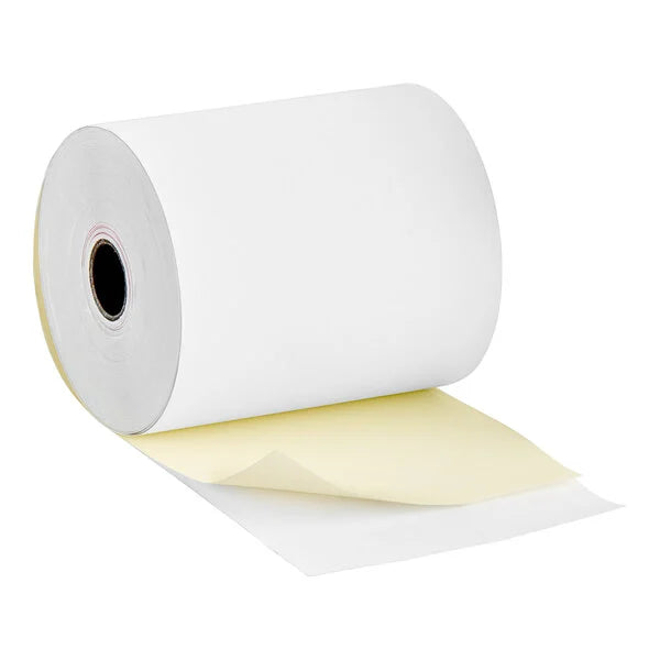 3" x 90' 2-Ply Carbonless Paper Rolls - White/Canary (50 Rolls)