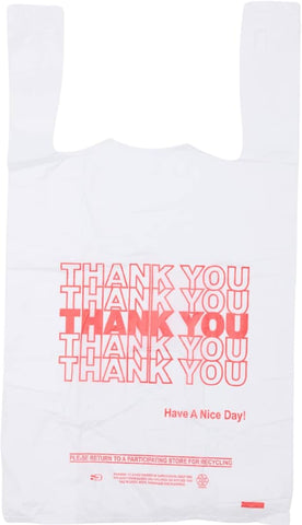 White Thank You Plastic T-Shirt Bag - (1,500 case) 1/8 BBL