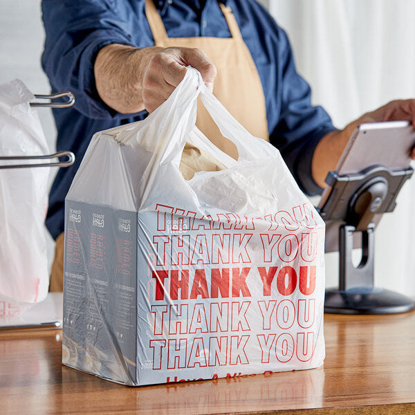 White Thank You Plastic T-Shirt Bag - (1,000 case) 1/6 BBL